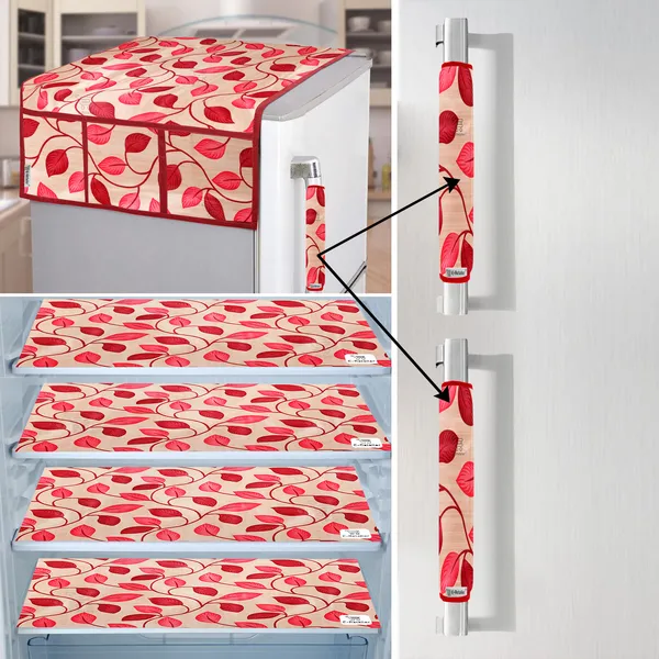 Red_3-Layer_PolyesterFridge_Top_Cover_&_Fridge_Handle_Cover_&_4_Pc._Fridge_Mat_Set_For_Home