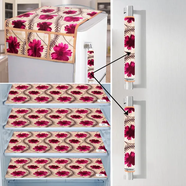Red_3-Layer_PolyesterFridge_Top_Cover_&_Fridge_Handle_Cover_&_4_Pc._Fridge_Mat_Set_For_Home