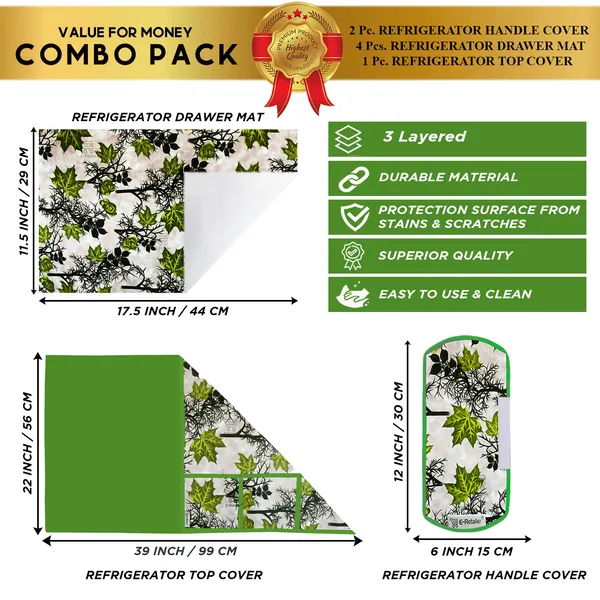 Green_3-Layer_PolyesterFridge_Top_Cover_&_Fridge_Handle_Cover_&_4_Pc._Fridge_Mat_Set_For_Home