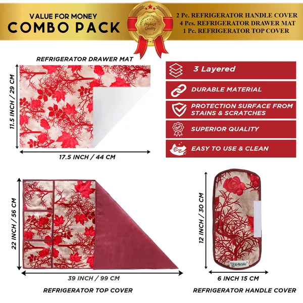 Red_3-Layer_PolyesterFridge_Top_Cover_&_Fridge_Handle_Cover_&_4_Pc._Fridge_Mat_Set_For_Home