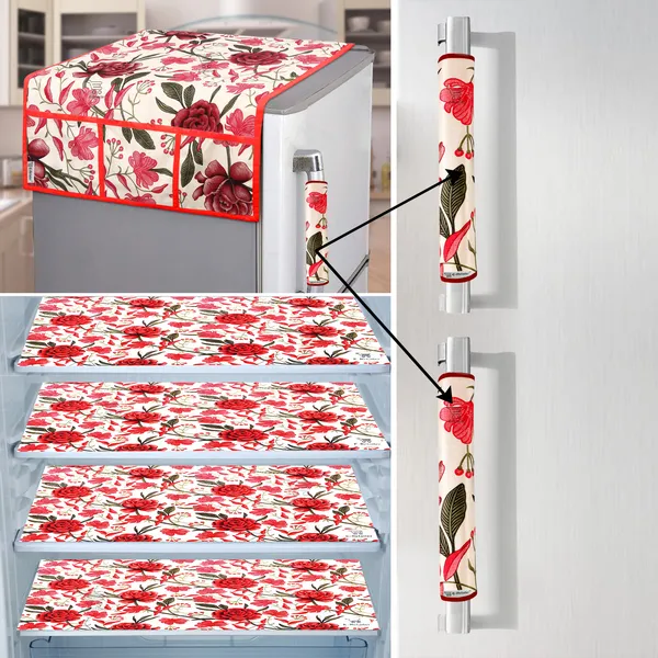 Red_3-Layer_PolyesterFridge_Top_Cover_&_Fridge_Handle_Cover_&_4_Pc._Fridge_Mat_Set_For_Home