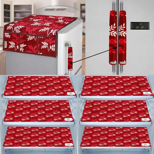 Maroon_3-Layer_PolyesterFridge_Top_Cover_&_Fridge_Handle_Cover_&_6_Pc._Fridge_Mat_Set_For_Home