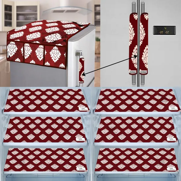 Maroon_3-Layer_PolyesterFridge_Top_Cover_&_Fridge_Handle_Cover_&_6_Pc._Fridge_Mat_Set_For_Home