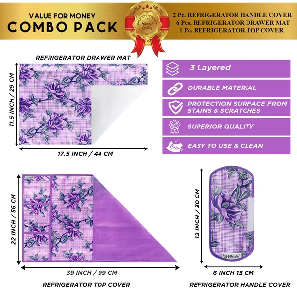 Purple_3-Layer_PolyesterFridge_Top_Cover_&_Fridge_Handle_Cover_&_6_Pc._Fridge_Mat_Set_For_Home