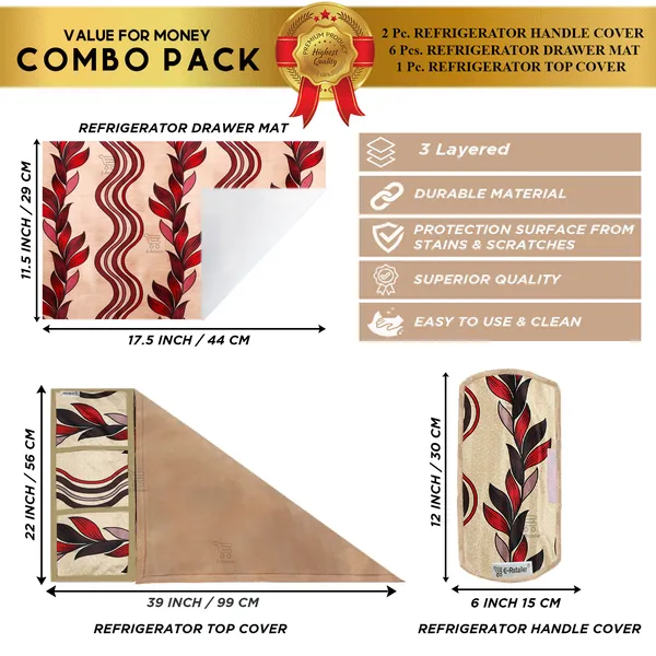 Red_3-Layer_PolyesterFridge_Top_Cover_&_Fridge_Handle_Cover_&_6_Pc._Fridge_Mat_Set_For_Home