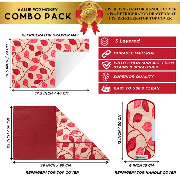 Red_3-Layer_PolyesterFridge_Top_Cover_&_Fridge_Handle_Cover_&_6_Pc._Fridge_Mat_Set_For_Home