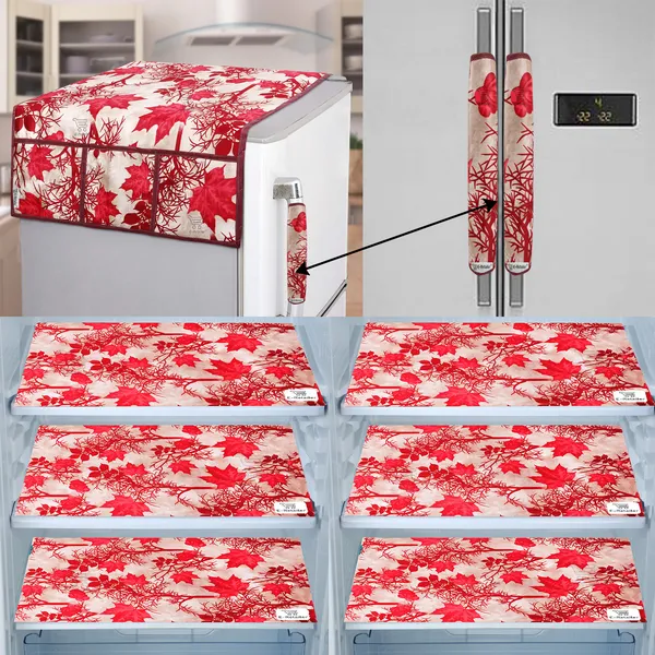 Red_3-Layer_PolyesterFridge_Top_Cover_&_Fridge_Handle_Cover_&_6_Pc._Fridge_Mat_Set_For_Home