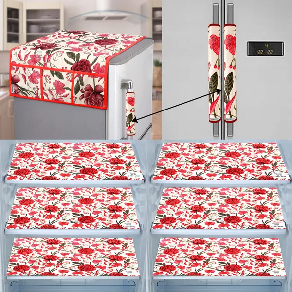 Red_3-Layer_PolyesterFridge_Top_Cover_&_Fridge_Handle_Cover_&_6_Pc._Fridge_Mat_Set_For_Home