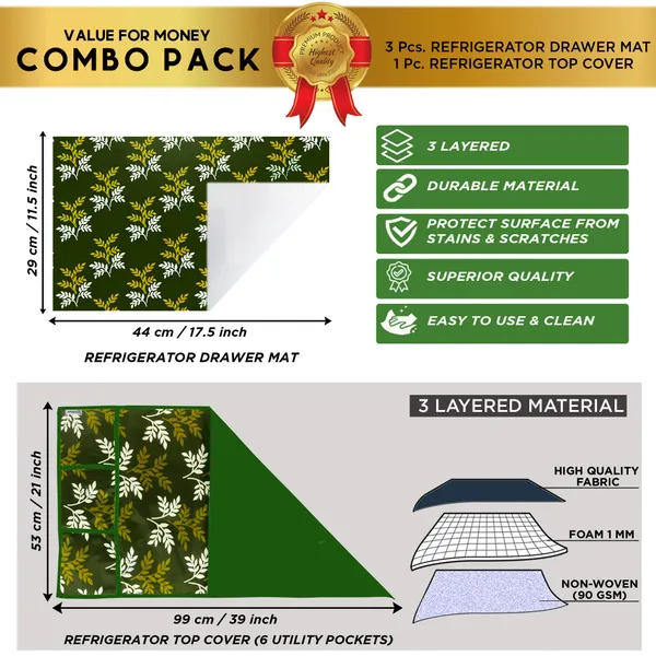 Green_3-Layer_PolyesterWith_Premium_Pvc_Fridge_Top_Cover_With_3_Pc._Fridge_Mats_For_Home