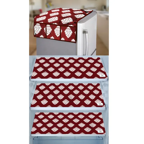 Maroon_3-Layer_PolyesterWith_Premium_Pvc_Fridge_Top_Cover_With_3_Pc._Fridge_Mats_For_Home