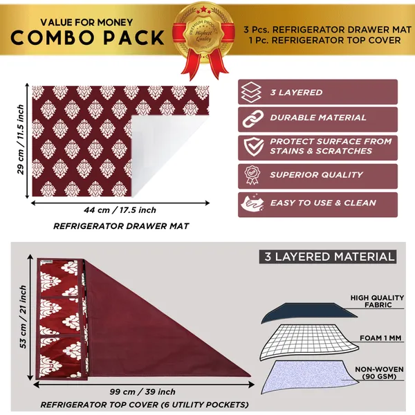 Maroon_3-Layer_PolyesterWith_Premium_Pvc_Fridge_Top_Cover_With_3_Pc._Fridge_Mats_For_Home