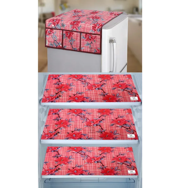 Red_3-Layer_PolyesterWith_Premium_Pvc_Fridge_Top_Cover_With_3_Pc._Fridge_Mats_For_Home