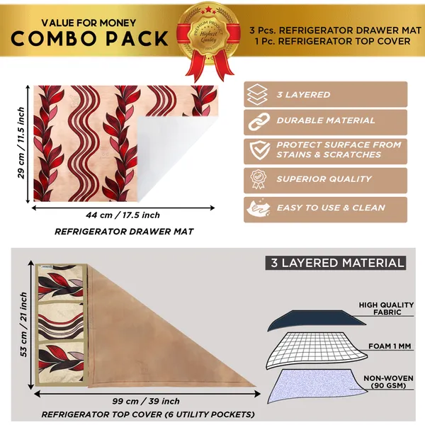 Red_3-Layer_PolyesterWith_Premium_Pvc_Fridge_Top_Cover_With_3_Pc._Fridge_Mats_For_Home