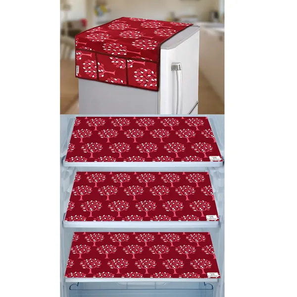 Maroon_Polyester_Fabric_Fridge_Top_Cover_Combo_Set_For_Home