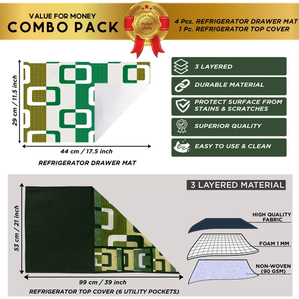 Green_3-Layer_PolyesterWith_Premium_Pvc_Fridge_Top_Cover_With_4_Pc._Fridge_Mats_For_Home