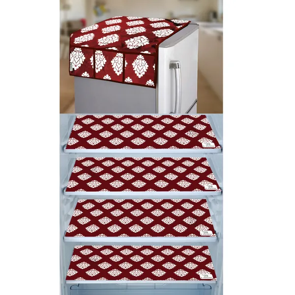 Maroon_3-Layer_PolyesterWith_Premium_Pvc_Fridge_Top_Cover_With_4_Pc._Fridge_Mats_For_Home
