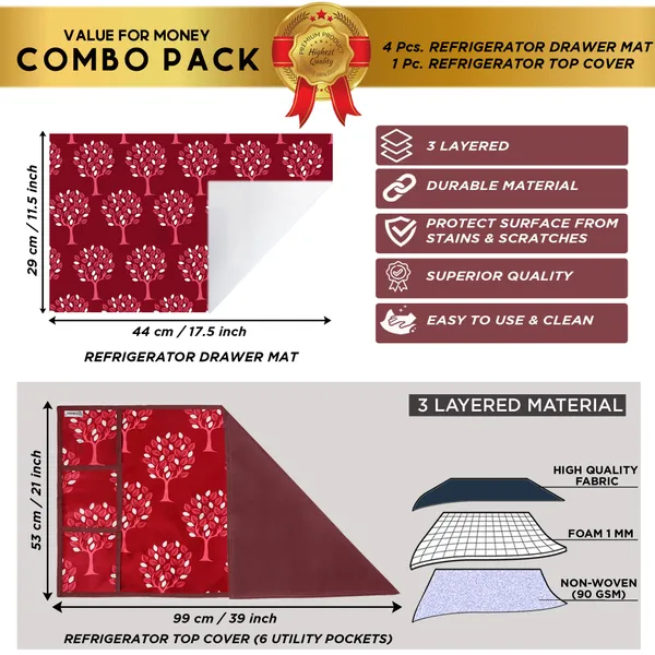 Maroon_3-Layer_PolyesterWith_Premium_Pvc_Fridge_Top_Cover_With_4_Pc._Fridge_Mats_For_Home