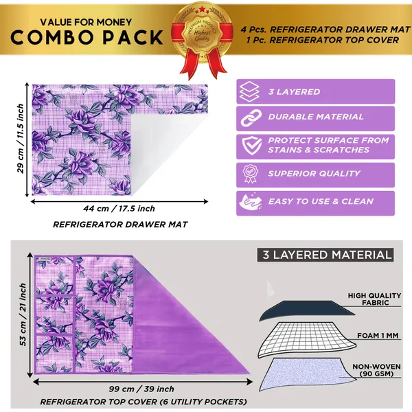Purple_3-Layer_PolyesterWith_Premium_Pvc_Fridge_Top_Cover_With_4_Pc._Fridge_Mats_For_Home