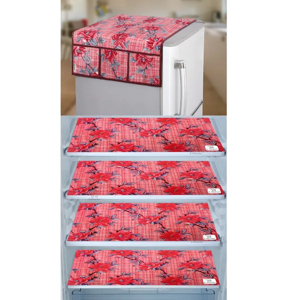 Red_3-Layer_PolyesterWith_Premium_Pvc_Fridge_Top_Cover_With_4_Pc._Fridge_Mats_For_Home