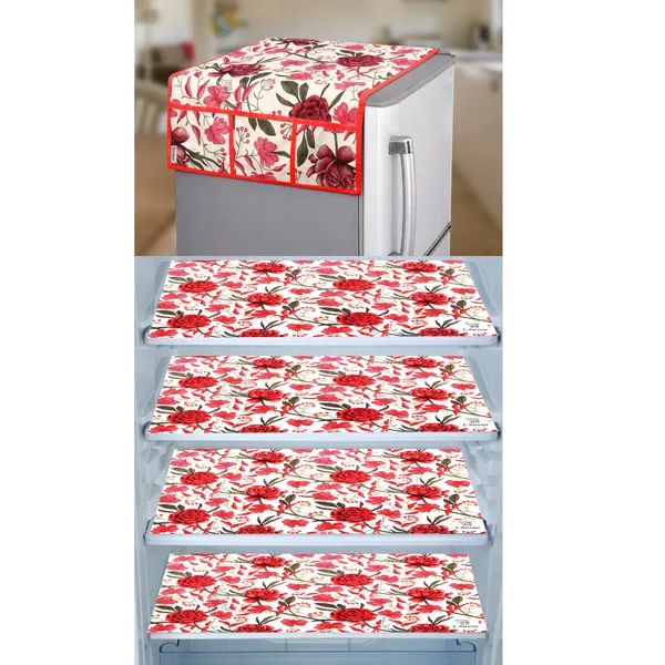 Red_3-Layer_PolyesterWith_Premium_Pvc_Fridge_Top_Cover_With_4_Pc._Fridge_Mats_For_Home