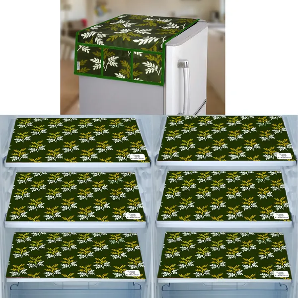 Green_3-Layer_PolyesterWith_Premium_Pvc_Fridge_Top_Cover_With_6_Pc._Fridge_Mats_For_Home