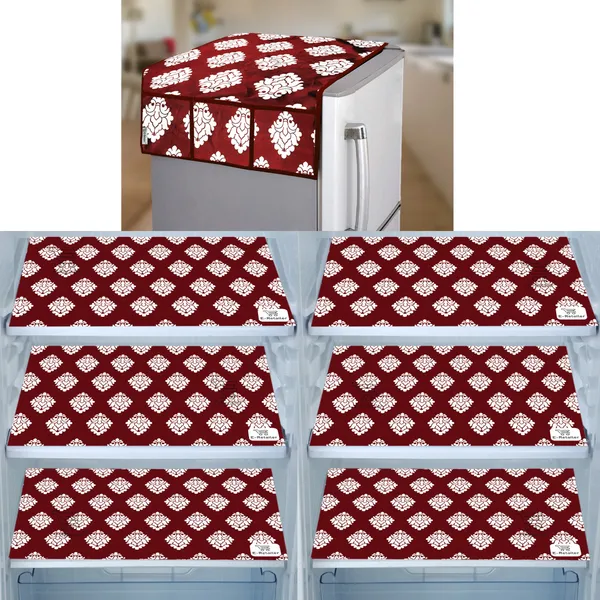 Maroon_3-Layer_PolyesterWith_Premium_Pvc_Fridge_Top_Cover_With_6_Pc._Fridge_Mats_For_Home