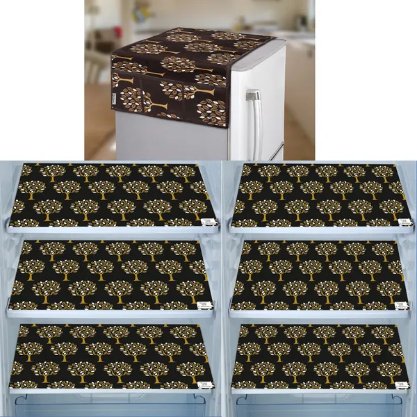 Brown_3-Layer_PolyesterWith_Premium_Pvc_Fridge_Top_Cover_With_6_Pc._Fridge_Mats_For_Home