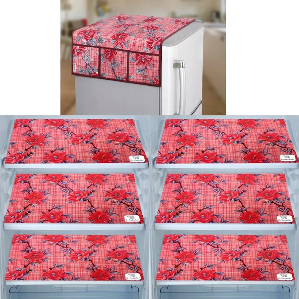 Red_3-Layer_PolyesterWith_Premium_Pvc_Fridge_Top_Cover_With_6_Pc._Fridge_Mats_For_Home