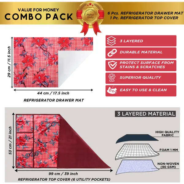 Red_3-Layer_PolyesterWith_Premium_Pvc_Fridge_Top_Cover_With_6_Pc._Fridge_Mats_For_Home