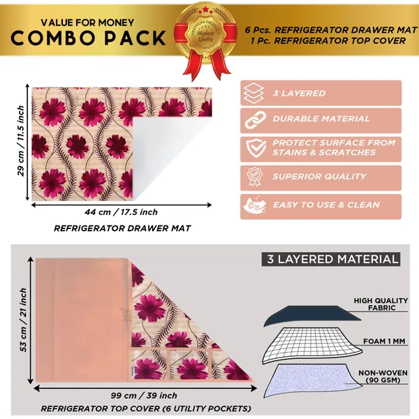 Red_3-Layer_PolyesterWith_Premium_Pvc_Fridge_Top_Cover_With_6_Pc._Fridge_Mats_For_Home