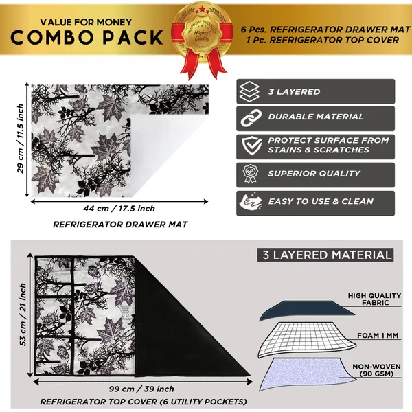 Black_3-Layer_PolyesterWith_Premium_Pvc_Fridge_Top_Cover_With_6_Pc._Fridge_Mats_For_Home