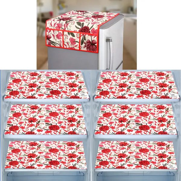 Red_3-Layer_PolyesterWith_Premium_Pvc_Fridge_Top_Cover_With_6_Pc._Fridge_Mats_For_Home