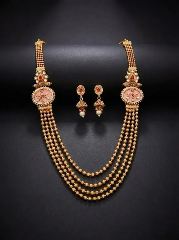Royal_Pink_Enamel_Multi-Layer_Beaded_Long_Haram_Set_with_Designer_Jhumka_Earrings