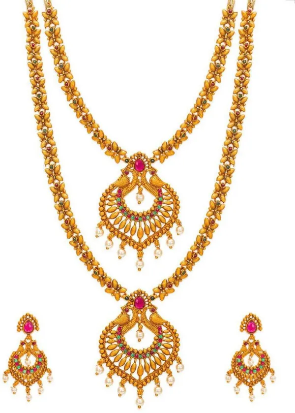 Maharani_Peacock_Ruby_Bridal_Long_Haar_Set_–_Temple_Style_Gold-Tone_Imitation_Jewellery