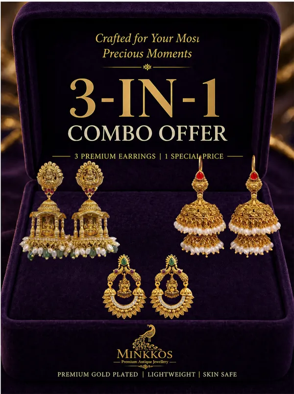 Minkkos_3-in-1_Temple_Earrings_Combo_|_Push_Back_|_Traditional_Gold_Design