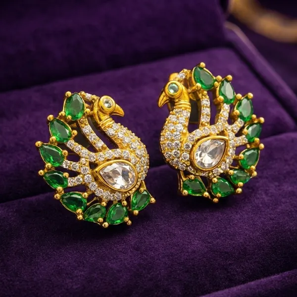 Premium_Traditional_Peacock_Gold_Emerald_and_Stone_Ear_Ring_Set_-_Push_Back_Studs