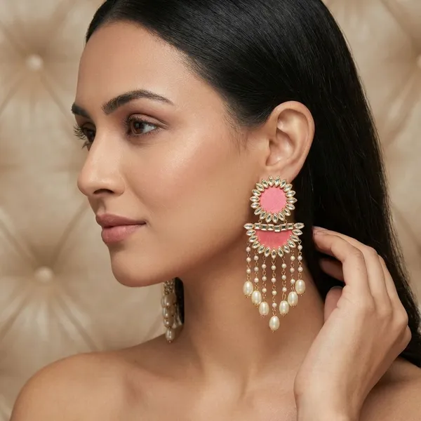 Pink_Handmade_Brass_Fancy_Design_Long_Earrings_For_Women