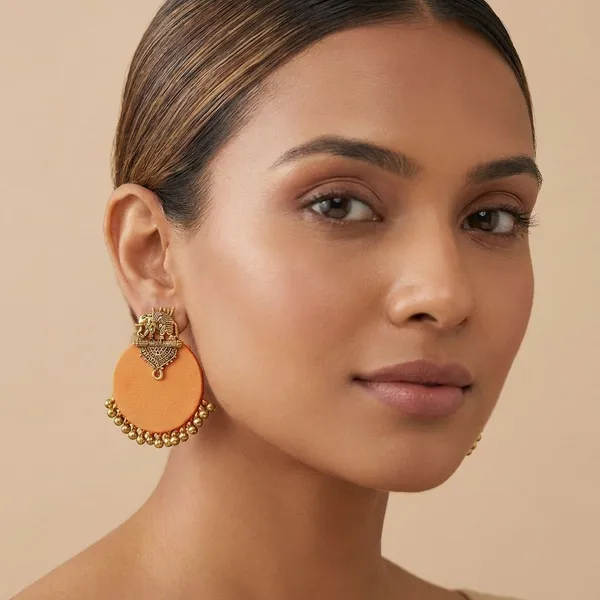 Gold_&_Orange_Handmade_Brass_Fancy_Design_Stud_Earrings_For_Women