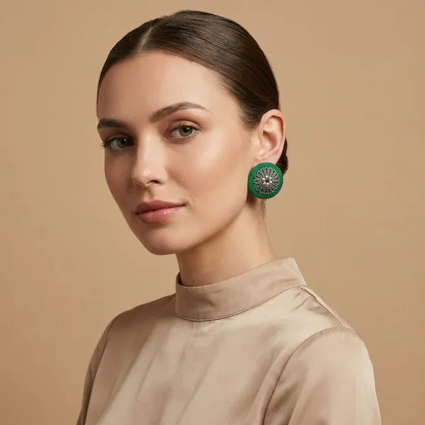 Silver_&_Green_Handmade_Brass_Fancy_Design_Stud_Earrings_For_Women