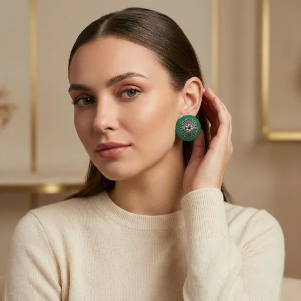 Silver_&_Green_Handmade_Brass_Fancy_Design_Stud_Earrings_For_Women