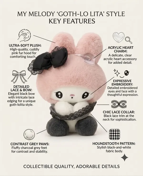 Cute_Pink_My_Melody_Plush_Soft_Toy_with_Black_Lace_Bow_|_Premium_Polyester_Stuffed_Plush_20_cm