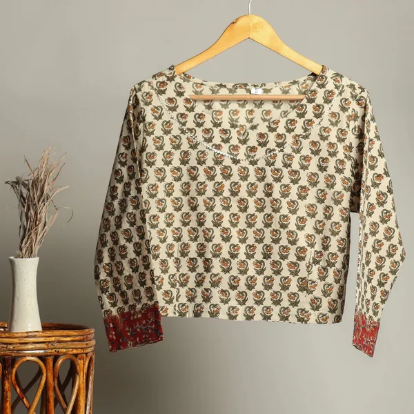 Multicolor_Cotton_Handmade_Block_Print_Ethnic_Floral_Printed_Top_with_Long_Sleeves_Short_Jacket_Bagru_For_Women