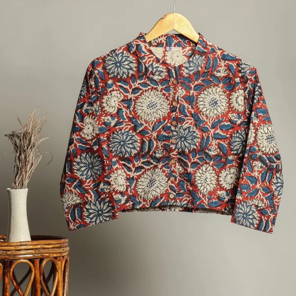 Multicolor_Cotton_Hand_Block_Print_Shirt_Floral_Printed_Button-Down_Top_with_Full_Sleeves_Short_Jacket_Bagru_For_Women