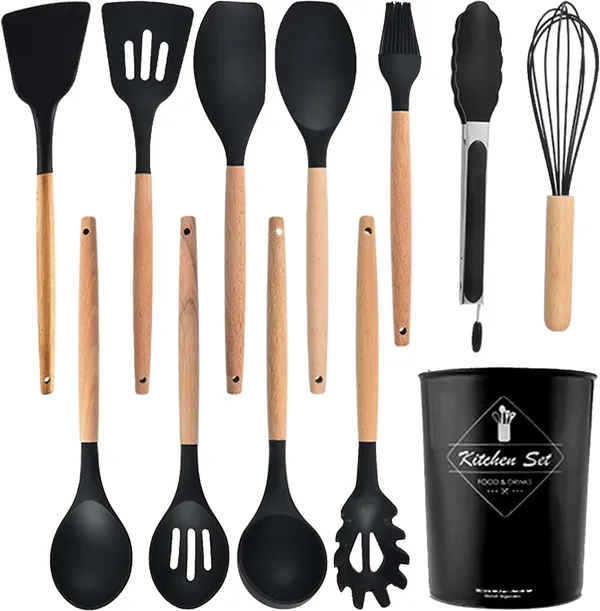 Black_And_Brown_Silicone_Kitchen_Utensil_Set_For_Cooking_Baking