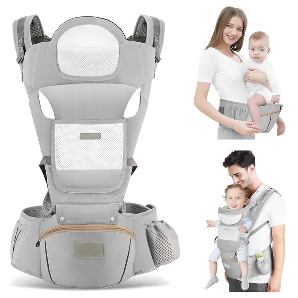 Grey_Ergonomic_Baby_Carrier_With_Hip_Seat_Support