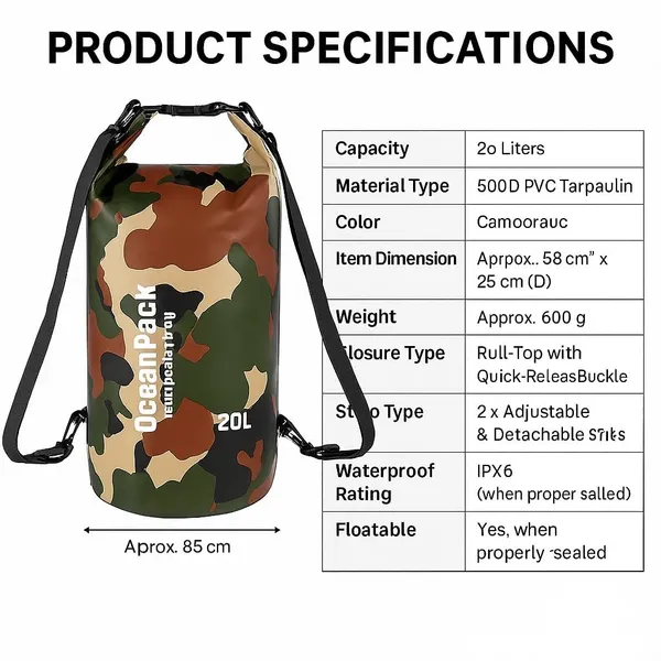 BETLEX_Ocean_Pack_20L_Waterproof_Dry_Bag_for_Outdoor_Sports,_Hiking,_Camping,_Kayaking_|_Heavy_Duty_Roll_Top_Dry_Sack_with_Shoulder_Strap_|_Camouflage_PVC_Bag_for_Travel_&_Adventure_-_Multi_Color