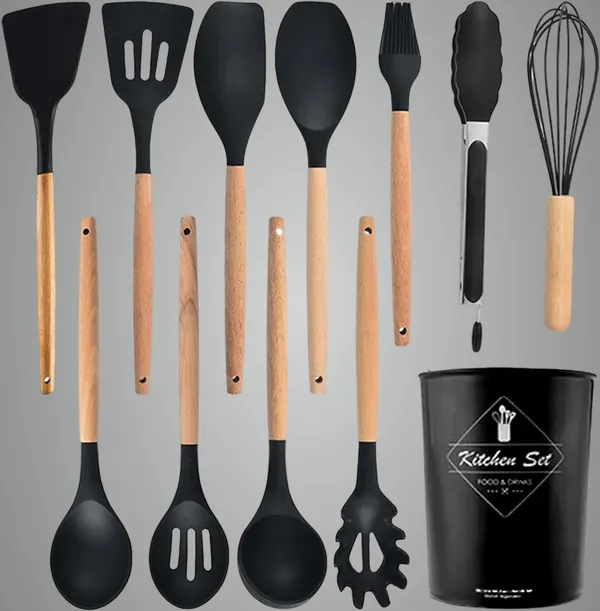 Black_And_Brown_Silicone_Kitchen_Utensil_Set_For_Cooking_Baking