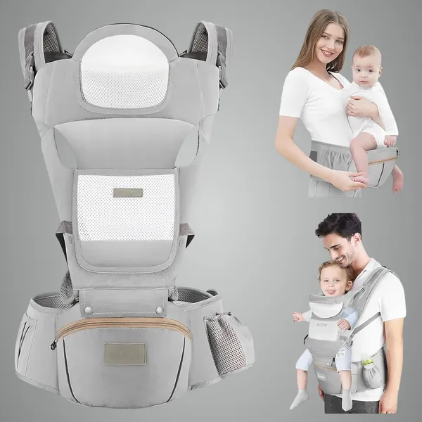 Grey_Ergonomic_Baby_Carrier_With_Hip_Seat_Support