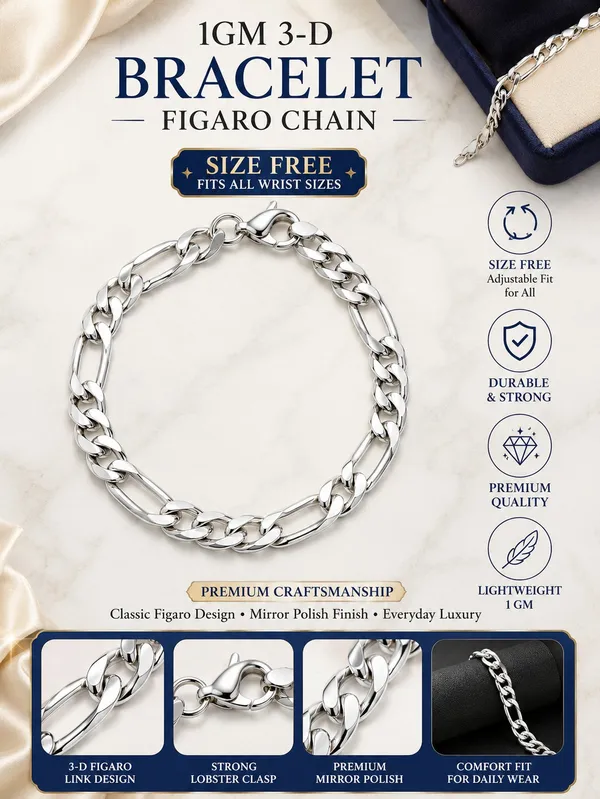 1GM_3-D_Figaro_Chain_Bracelet_–_Silver_Finish