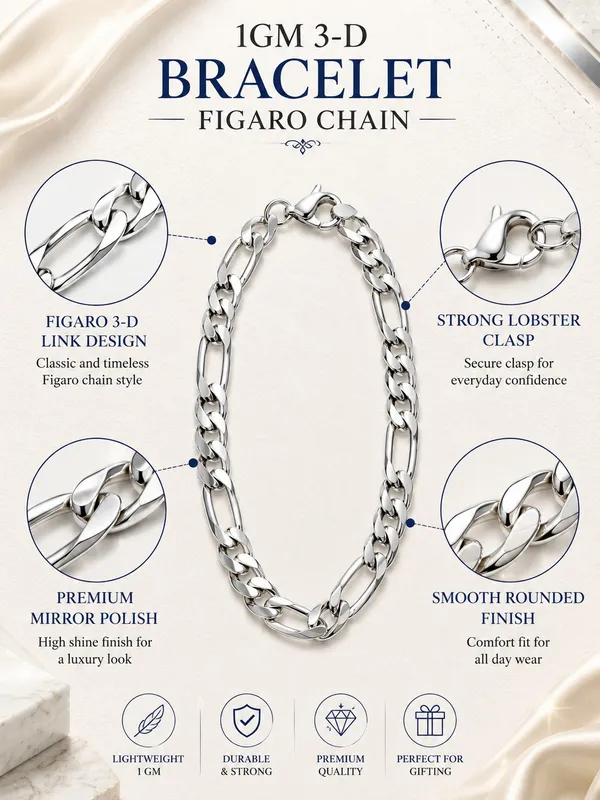 1GM_3-D_Figaro_Chain_Bracelet_–_Silver_Finish